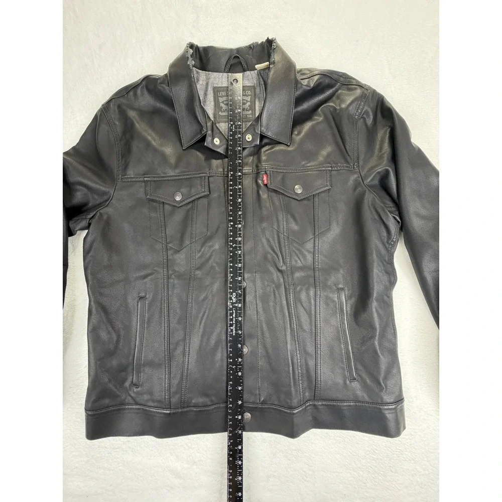 Levis Mens Black Faux Leather Trucker Jacket XXL Button Front - Picture 5 of 12
